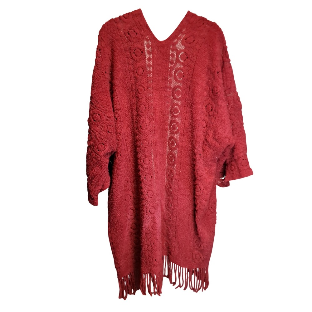 Lildy Women Wine Red Crochet Fringe Kimono Cardigan Duster L-XL Boho Open Front - Picture 3 of 5